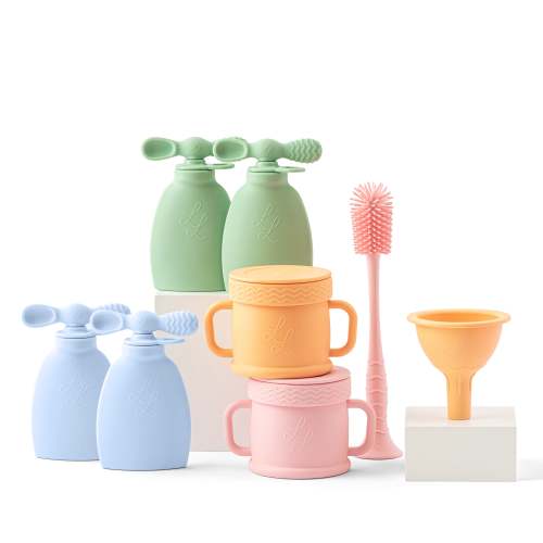 Snack Time Combo Pack – 4 pouches, 2 Snack Cups, Funnel, Brush, Weekly Recipe Plan