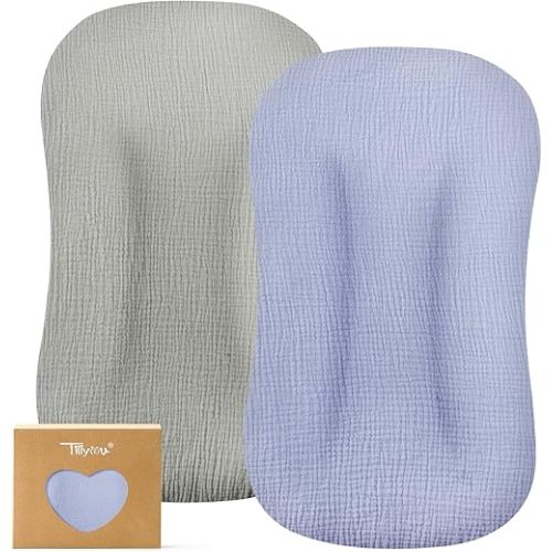 TILLYOU Muslin Baby Lounger Cover, 100% Cotton Newborn Lounger Cover, 2 Pack Baby Nest Slipcover for Boys Girls, Cover Only, Grey and Blue