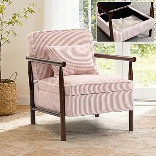 Accent Chair, Comfy Modern Mid-Century Accent Chairs with Storage, Corduroy Upholstered Lounge Armchair with Solid Wood Reading Side Single Sofa for Living Room/Office/Balcony/Bedroom-Pink
