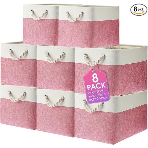 meekoo 8 Pack Collapsible Storage Bins Fabric Storage Bins Polyester Fabric Baskets with Handles Linen Closet Organizer for Shelf Home Closet Towels Toys(15 x 11 x 9.5 in,Pink White)