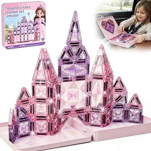 Magnetic Tiles Girls Travel Toy: 42 PCS Pink Glitter Building Blocks Castle Tin Box - 120 Mins Quiet Play 60s Cleanup - Toddler Kids Gift Age 3 4 5 6