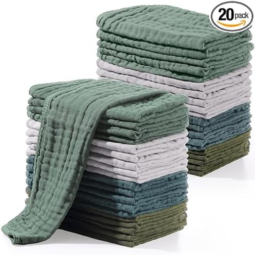 Buryeah Muslin 20 Pcs Burp Cloths Large 20" x 10" 100% Cotton 6 Layers Ultra Absorbent and Soft Hand Washcloths for Baby Drool and Messes Gentle Burp Cloth for Boys & Girls(Dark Colors)
