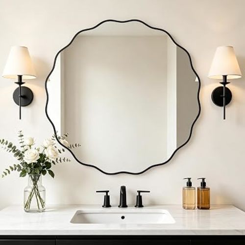WallBeyond Round Wavy Mirror for Wall Decorative 36 inch, Modern Round Mirror Aluminum Frame for Bathroom Bedroom Living Room Home House Office Entryway, Black