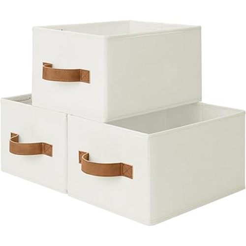 StorageWorks Closet Organizer Storage Baskets, Storage Bins for Shelves, Fabric Organization and Storage, Foldable Closet Organizer for Clothes, Ivory White, 3-Pack, Small