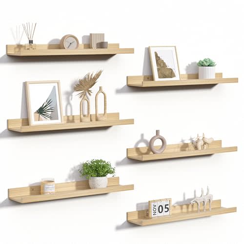 upsimples Floating Shelves for Wall Decor Storage, Natural, 6Pcs, 23.6'' | Wall Mounted Wood Shelves for Living Room, Bedroom, Bathroom, Kitchen, Office, Nursery Room, Coffee Bar Display and Organize
