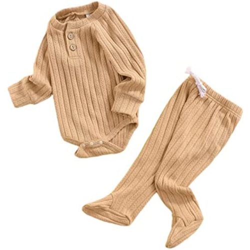 2 Piece Newborn Baby Girls Boys Clothes Sets Infant Solid Color Knit Cotton Romper Tops Pant Footies 0-18M