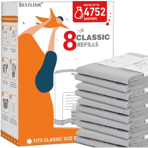8 Pack Refills Compatible with DEKOR CLASSIC Diaper Pails | 20% Extra Length Diaper Pail Refill Bags Liners Holds 4752 Diapers | Ultimate Odor Control with Baby Scented