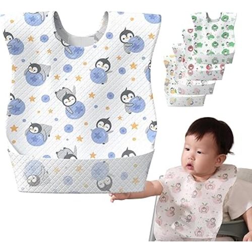 Disposable Feeding Bibs, 24 Individual Pack for Baby & Kids -Adjustable Adhesive Tabs, 13.78’’x 9.45’’ Toddler Bibs for Eating (【24pcs】 Oliver & Blueberry)