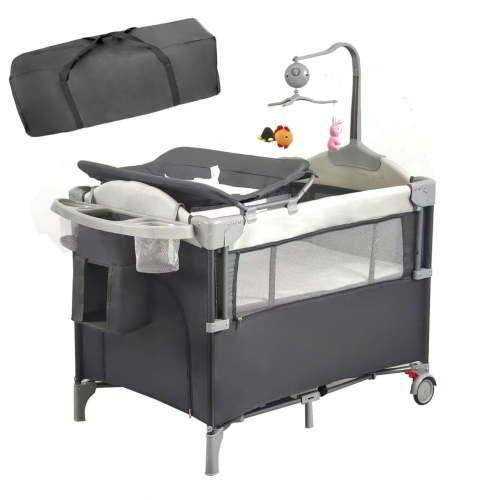 Baby Playard Playpen Bassinet with Changing Table Lockable Wheels Music Box Foldable Newborn Bedside Sleeper