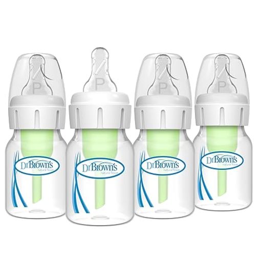 Dr. Brown's Natural Flow Anti-Colic Options+ Narrow Baby Bottle, 4 oz/120 mL, with Level 1 Slow Flow Nipple, 0m+, 4 Pack