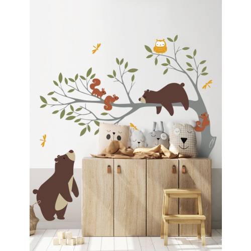 Forest Nursery Wall Decal: Bears, Branches Tree Stickers for Baby Room Decoration
