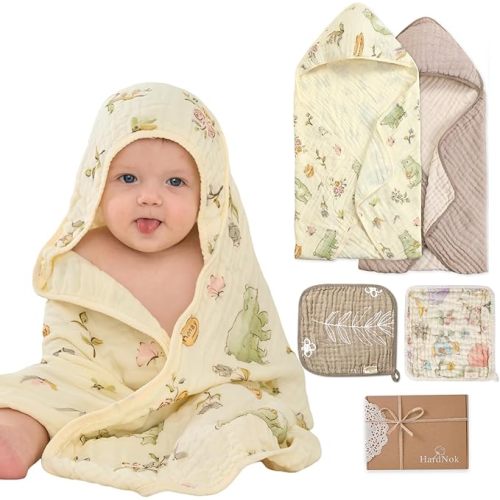 4-Piece Muslin Baby Towel Set - Made with Organic Cotton, (2) 6-Layer 32x32 Towels & (2) Washcloths, Bath, Beach & Pool Gift Set (Nature Garden & Classic Coffee)