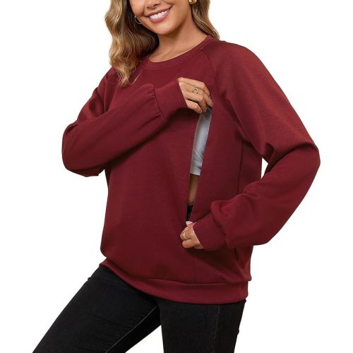 xs Nursing Friendly Sweatshirt for Breastfeeding Women Dual Zippers Nursing Top Long Sleeve Crew Neck Casual Wear