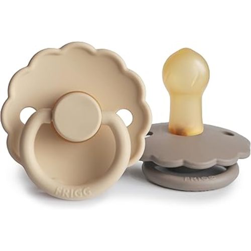 FRIGG Daisy Natural Rubber Baby Pacifier | Made in Denmark | BPA-Free (Croissant/Portobello, 0-6 Months) 2-Pack