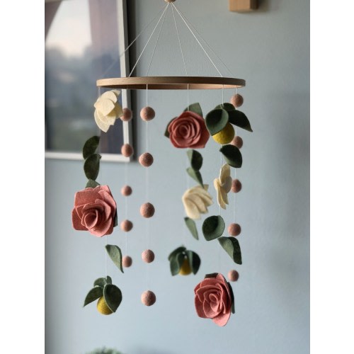 Flowers baby mobile, leaf crib mobile, green floral baby mobile, hanging felt mobile, cot mobile for baby girl, flowers nursery decor