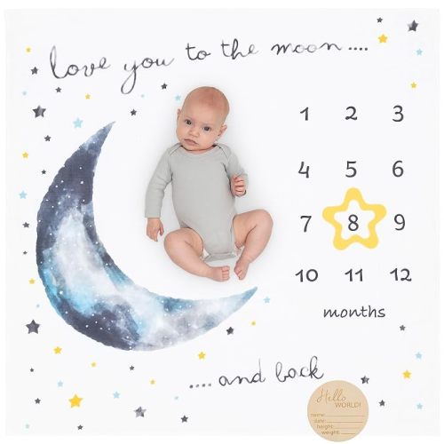 Organic Baby Monthly Milestone Blanket Boy - Love You to the Moon and Back Blanket for Boys, Growth Chart for 1-12 Months Milestones, Gender Neutral, 47”x47”
