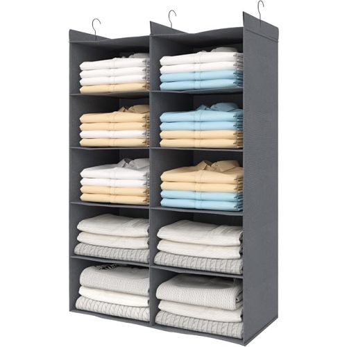 5 Tier Shelf Hanging Closet Organizer, Dual-Row 10 Pocket Cloth Hanging Shelf with 3 Sturdy Hooks for Storage, Foldable (Grey)