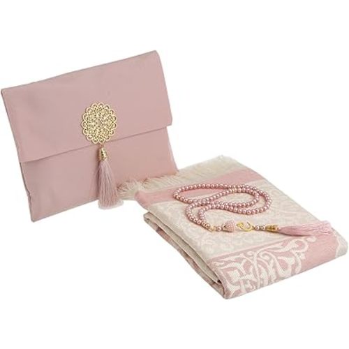 Prien Muslim Prayer Rug with Tasbih and Portable Bag, Muslim Gift for Women Men, Mubarak Islamic Box, Soft Mat Islam Gifts Set, Turkish Sajadah for Ramadan, Eid, Hajj, Travel, Pray (Powder Pink)
