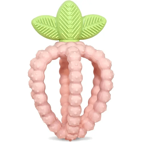RaZbaby Bites Silicone Baby Teething Toy – Sensory Toy with Textured BerryBumps for Teething Relief, Easy-to-Hold Fruit Shape, BPA-Free, Soothes Front & Back Teeth – Gift for Babies, 3 Months+, Pink