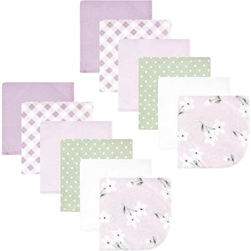 Hudson Baby Unisex Baby Flannel Cotton Washcloths, Purple Dainty Floral 12 Pack, One Size