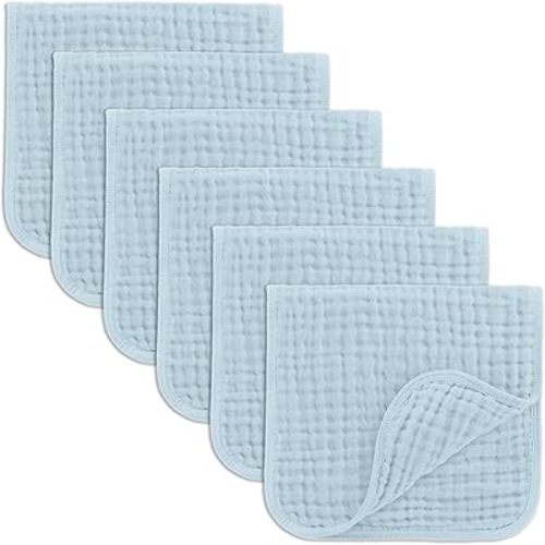 Comfy Cubs Muslin Burp Cloths 20" x 10", Pack of 6 - Large, 6-Layer, Ultra Absorbent 100% Cotton for Baby Drool and Messes - Soft, Safe & Gentle Baby Burp Cloths Set for Boys & Girls - Sky Blue
