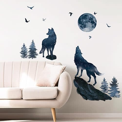 wondever Wolf and Moon Wall Stickers Wolves Mountain Peel and Stick Wall Art Decals for Bedroom Living Room Baby Nursery