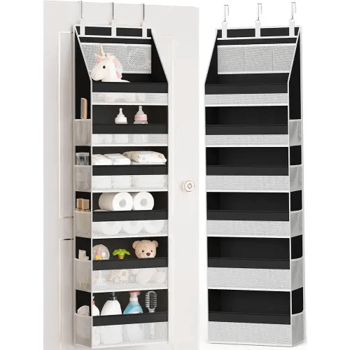 Criusia Over the Door Organizer, Heavy-Duty 6-Shelf Hanging Storage with 13 Mesh Pockets, 55lbs Capacity Behind the Door Storage for Nursery, Bathroom, Bedroom, and Dorm, Black