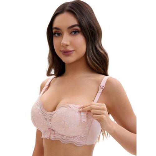 INSPIRE CHIC Women's Nursing Bra Lace V Neck Wirefree Light and Breathable Maternity Bralette Light Pink 36C
