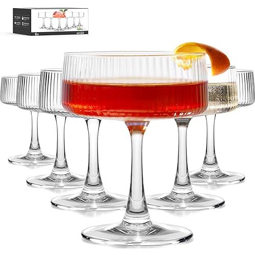 LUNA & MANTHA Coupe Glasses Set of 6, 10oz Ribbed Cocktail Glasses, Vintage Large Martini Glass for Espresso Martini, Margarita, Manhattan, Champagne, Drink Glassware & Gift