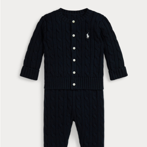 Cable-Knit Cotton Cardigan & Pant in Black