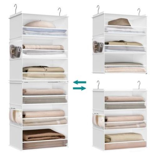 SONGMICS Hanging Closet Organizer, Separable 6-Tier Fabric Storage Shelf with Side Pockets, Foldable, Metal Hooks and Bamboo Inserts, Cloud White