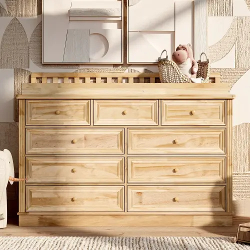 Rustic Solid Pine Wood 9-Drawer Dresser with Changing Top, Nursery Storage Organizer with Anti-Tip Kit, Baby Room Furniture