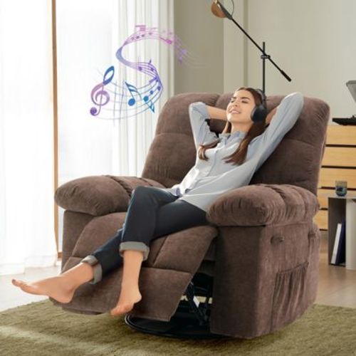 21.4'' Rocking Recliner Chair, 360° Swivel Rocker Chair, Upholstered Fabric Glider Nursery Chair with Side Pockets, Recliner Single Sofa, Brown