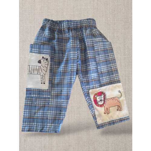 Repurposed Cotton Toddler Pants: Embroidered Lion & Zebra, Grow-With-Me 1-2 years