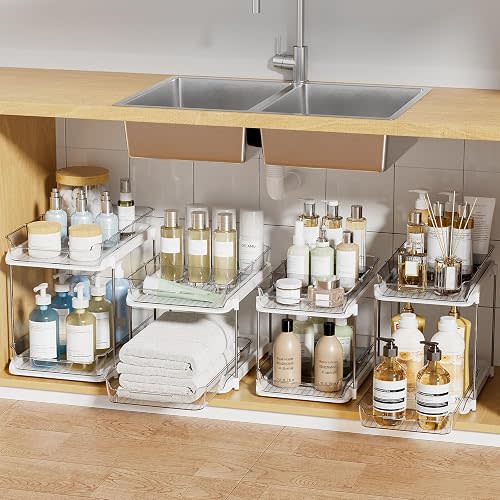 Delamu 2-Tier Multi-Purpose Bathroom Under Sink Organizers and Storage, Stackable Kitchen Pantry Organization, Pull Out Medicine Cabinet Organizer with Movable Dividers, White, 4Pack