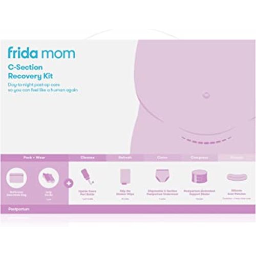 Frida Mom C-Section Recovery Must Have Kit for Labor, Delivery, & Postpartum, Socks, Peri Bottle, Disposable Underwear, Abdominal Support Binder, Shower Wipes, Silicone Scar Patches, & Toiletry Bag