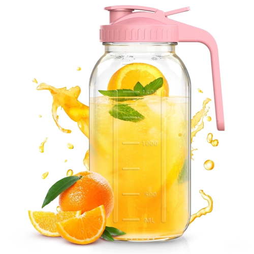 Glass Mason Jar Pitcher with Handle and Flip Cap 64 oz (2 Quart) Wide Mouth Water Pitcher with Pour Spout Lids Airtight Leak Proof, Juice, Milk, Tea, Iced Coffee, and Drinks, Pink(1 Pack)