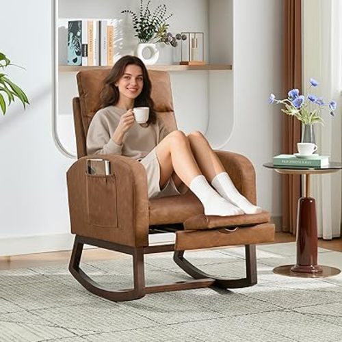 Rocking Chair Nursery with Foot Rest, Modern PU Upholstered Reading Glider Rocker Accent Armchair with High Backrest, Padded Seat, Side Pocket, for LivingRoom, Bedroom, Baby Room, Brown