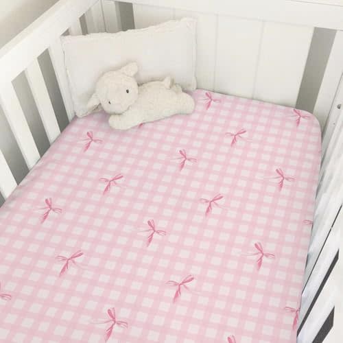 Watercolor Pink Bows Checkered Baby Crib Sheets for Girls Pastel Pink Bows Ribbon Plaid Soft Snug Fitted Crib Mattress Covers for 52''x28'' Standard Crib & Toddler Mattress Girly Valentine Bed Sheets