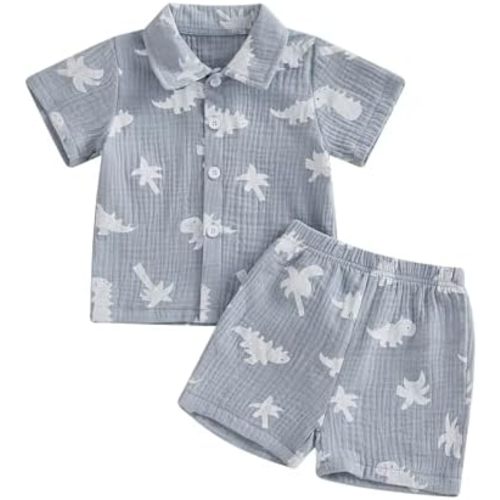 Toddler Baby Boy Summer Clothes Lobster/Dinosaur/Camper Van Print Muslin Short Sleeve Button Up Shirt and Shorts Set
