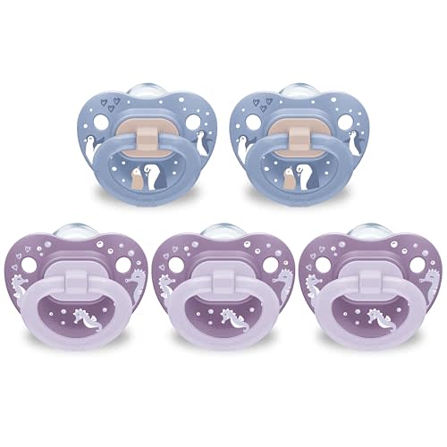 NUK First Choice Classic Orthodontic Pacifier, 6-18 Months Baby Pacifier, Purple & Blue, Baby Must Haves, 5-Pack