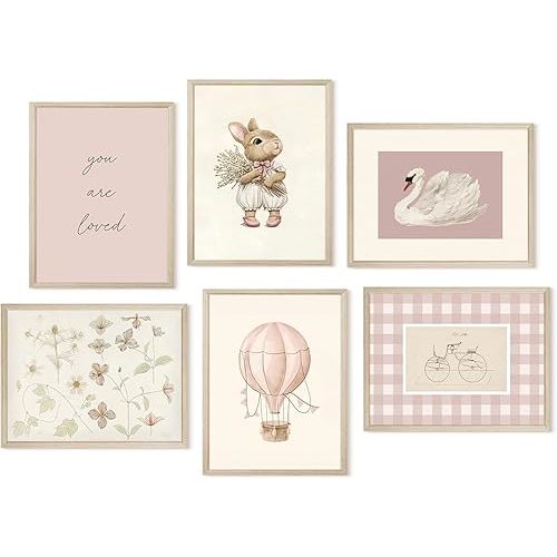 Pink Nursery Wall Art Baby Girl Canvas Wall Decor Vintage Poster Bunny Flower Wall Art Antique Preppy Pictures Animal Floral Prints Kids Swans Painting for Girls Room Bedroom 8x10x6 Inch Unframed