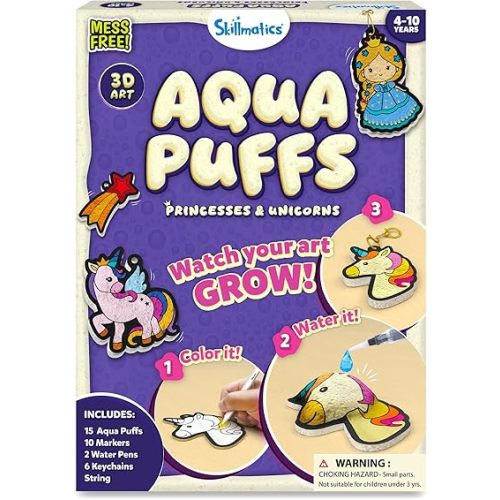 Skillmatics 3D Art Kit - Aqua Puffs Princesses & Unicorns, Stocking Stuffers, Paint by Number Craft for Kids, DIY Color & Inflate Activity, Christmas Gift for Girls & Boys Ages 4, 5, 6, 7, 8, 9, 10