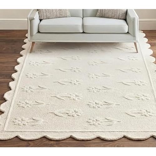Jessa Scallop Floral Rug – Handmade Wool Area Rug with Non-Slip Cotton Backing – Soft and Durable – Ideal for Living Room, Bedroom, and Home Décor – Anti-Skid Design (Beige, 4' x 6')