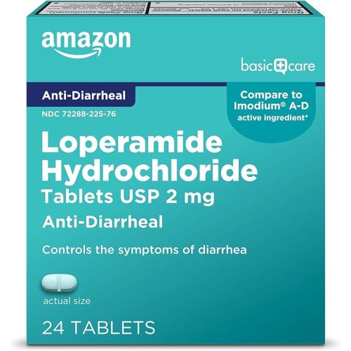 Amazon Basic Care Loperamide Hydrochloride Tablets, 2 mg, Anti-Diarrheal, 24 Count (Pack of 1) (Packaging may vary)