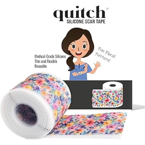Quitch Silicone Scar Sheets for Surgical Scars, Silicone Scar Tape, C Section Recovery Must Haves, Tummy Tuck Recovery Must Haves, Postpartum Essentials Scar Treatment (Floral) 4x150cm