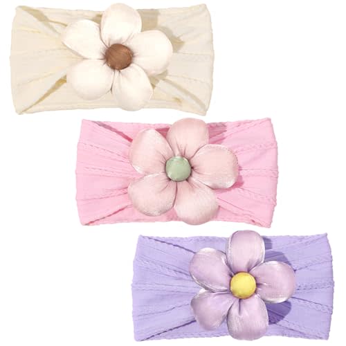 MIUXUESO 3 Pcs Baby Girls Headbands Baby Flower Headband Soft Comfortable Elasticity Nylon Hairbands for Newborn Infant Toddlers Essentials Accessories (Pink,Purple,Yellow, One Size)