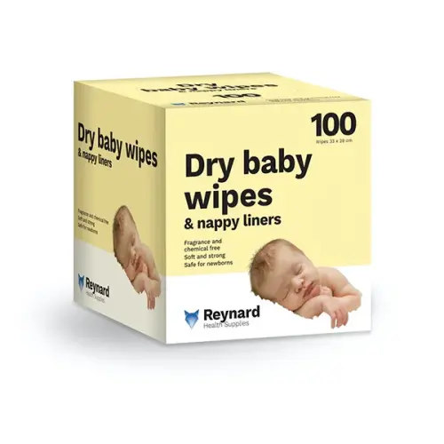 12x RHS305B Reynard Dry Baby Wipes Nappy Liner or Face Washer 100 pk - 33x29cm (1 CTN)