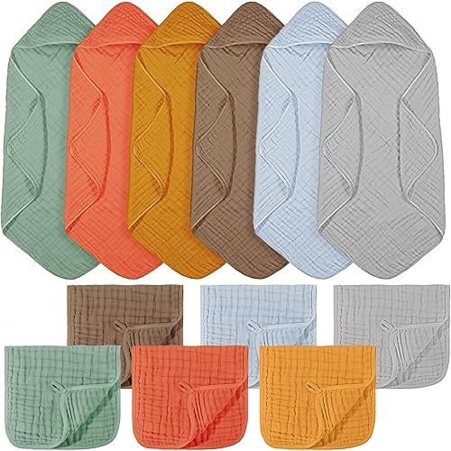 VitalCozy 12 Pcs Baby Muslin Hooded Bath Towels and Washcloths, Muslin Hooded Baby Towels Absorbent Blankets for Gift Newborn Infant Shower (Warm Color)