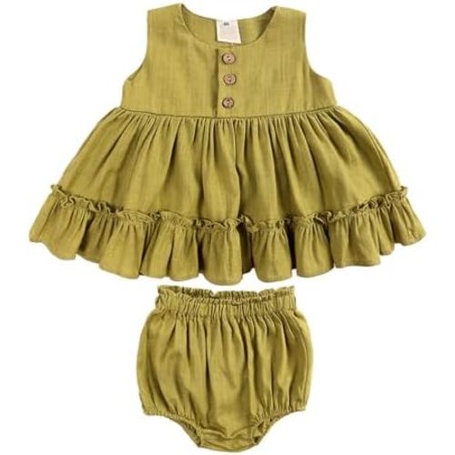 HAOLUKI Baby Girls Cotton Linen Sleeveless Ruffles Dress Shirt Bloomer Shorts Clothing Sets 2pcs Summer Outfits